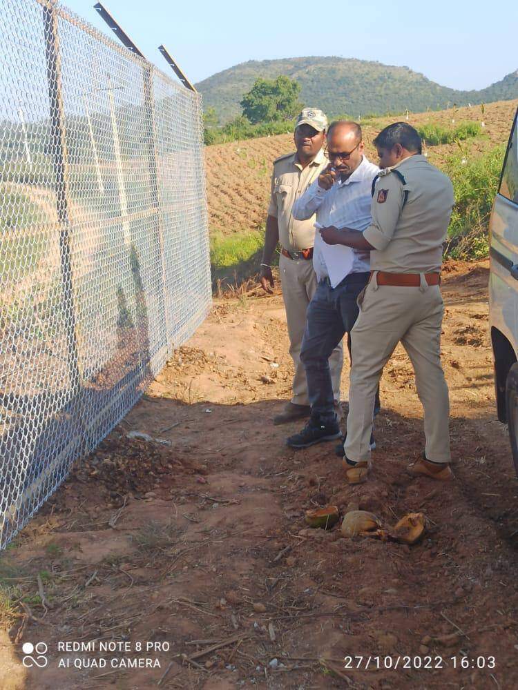 Forest officials inspecting a new chain link fence